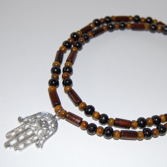 Hamsa Hand Necklace,Wood Necklace,Hand of Fatima Necklace,Hamsa Necklace - Picture 3 of 3